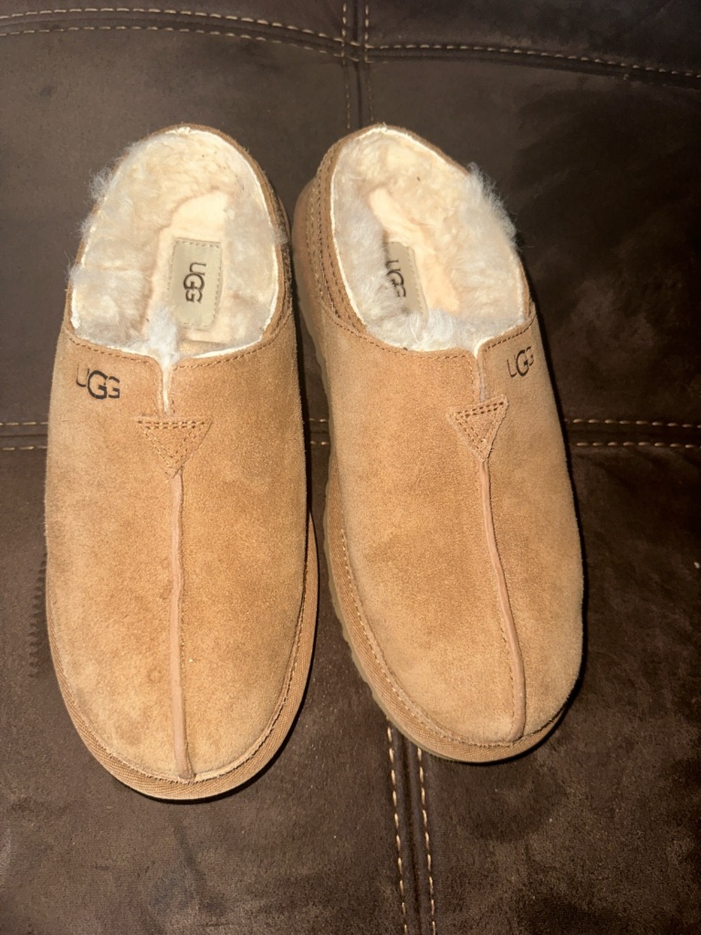 UGG Men’s Slip-On Suede Shearling Lined Loafers in Chestnut Tan